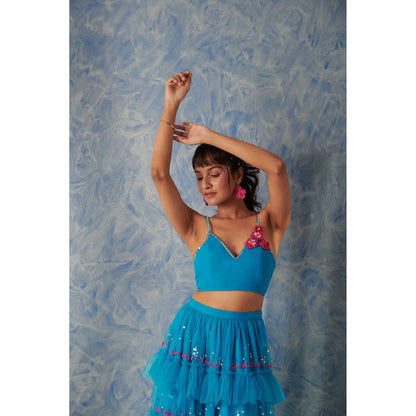 Blushing Couture by Shafali Blue Embellished Net Skirt with Bustier (Set of 2)