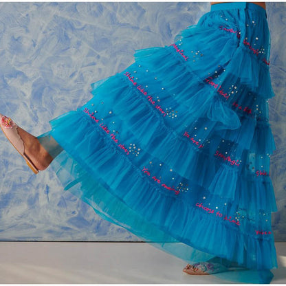 Blushing Couture by Shafali Blue Embellished Net Skirt with Bustier (Set of 2)