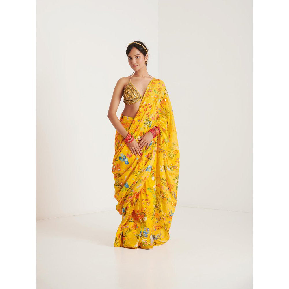 Blushing Couture by Shafali Yellow Printed Pre Draped Saree with Stitched Blouse