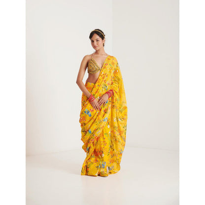 Blushing Couture by Shafali Yellow Printed Pre Draped Saree with Stitched Blouse