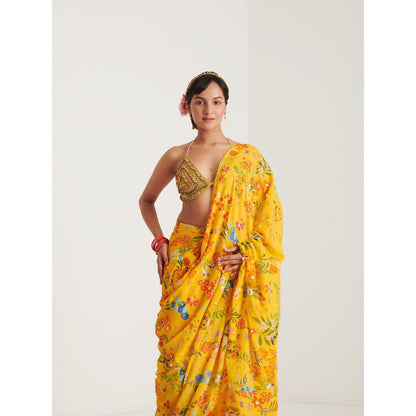 Blushing Couture by Shafali Yellow Printed Pre Draped Saree with Stitched Blouse