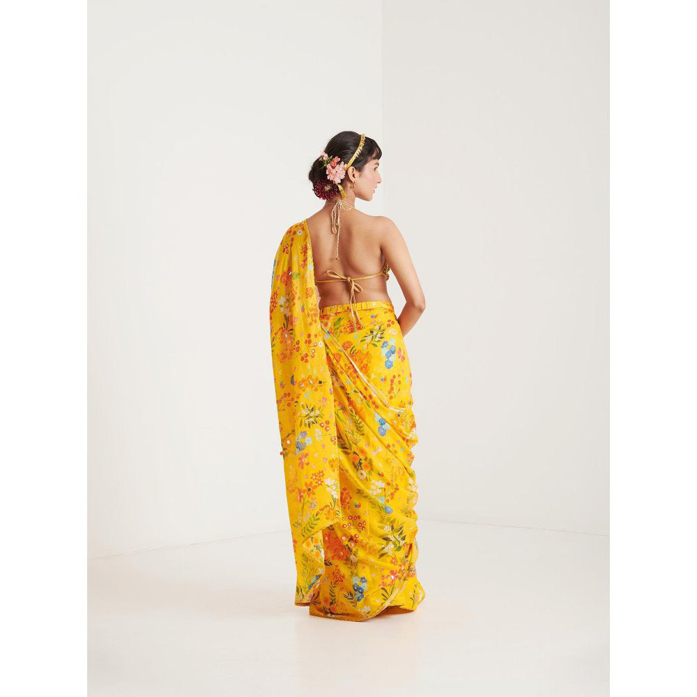 Blushing Couture by Shafali Yellow Printed Pre Draped Saree with Stitched Blouse