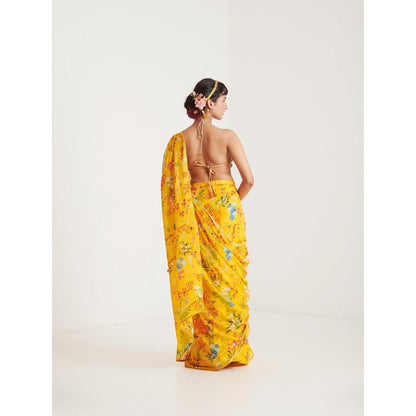 Blushing Couture by Shafali Yellow Printed Pre Draped Saree with Stitched Blouse