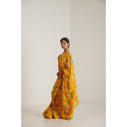 Blushing Couture by Shafali Yellow Printed Pre Draped Saree with Stitched Blouse