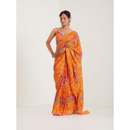 Blushing Couture by Shafali Orange Printed Pre Draped Saree with Stitched Blouse