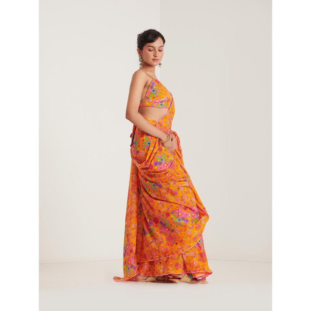 Blushing Couture by Shafali Orange Printed Pre Draped Saree with Stitched Blouse
