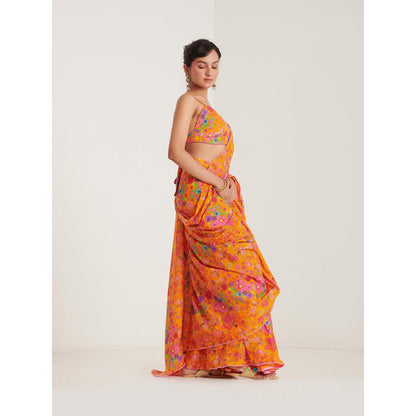 Blushing Couture by Shafali Orange Printed Pre Draped Saree with Stitched Blouse