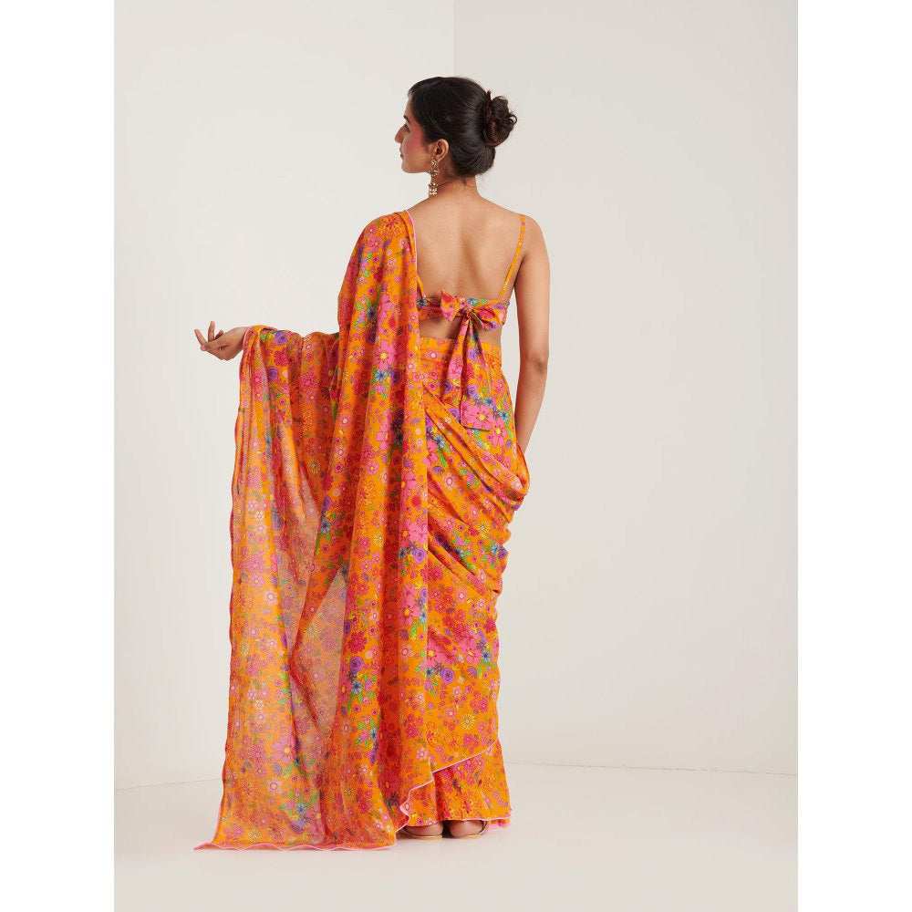 Blushing Couture by Shafali Orange Printed Pre Draped Saree with Stitched Blouse