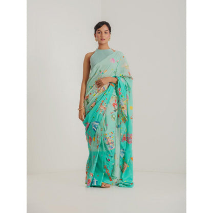 Blushing Couture by Shafali Turquoise Printed Pre Draped Saree with Stitched Blouse