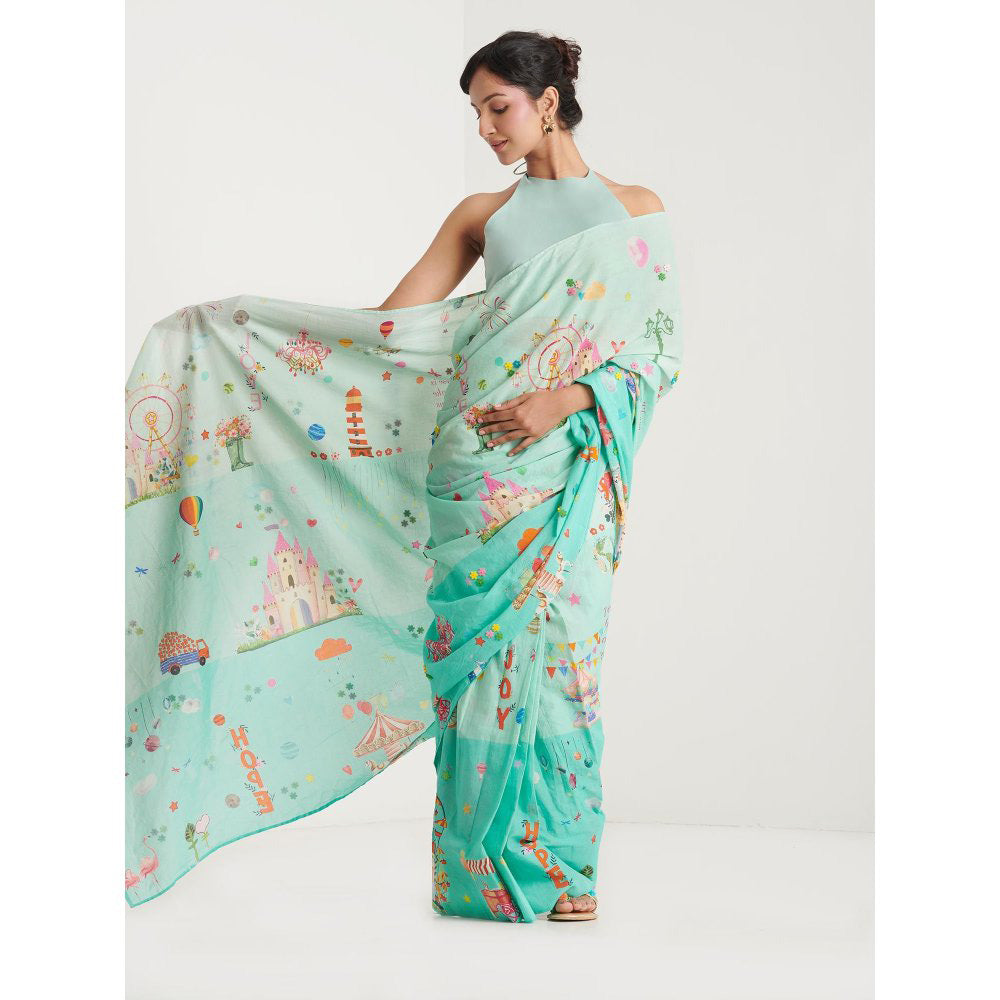 Blushing Couture by Shafali Turquoise Printed Pre Draped Saree with Stitched Blouse