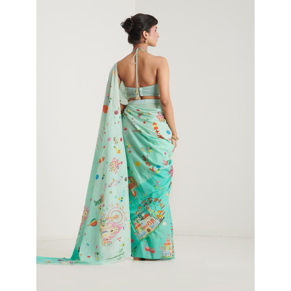 Blushing Couture by Shafali Turquoise Printed Pre Draped Saree with Stitched Blouse