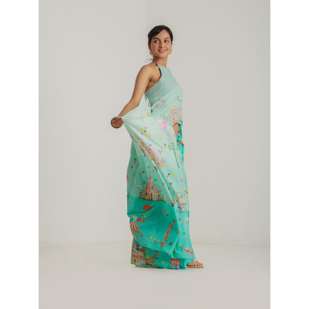 Blushing Couture by Shafali Turquoise Printed Pre Draped Saree with Stitched Blouse