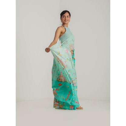 Blushing Couture by Shafali Turquoise Printed Pre Draped Saree with Stitched Blouse