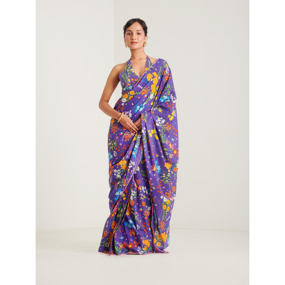 Blushing Couture by Shafali Purple Printed Pre Draped Saree with Stitched Blouse