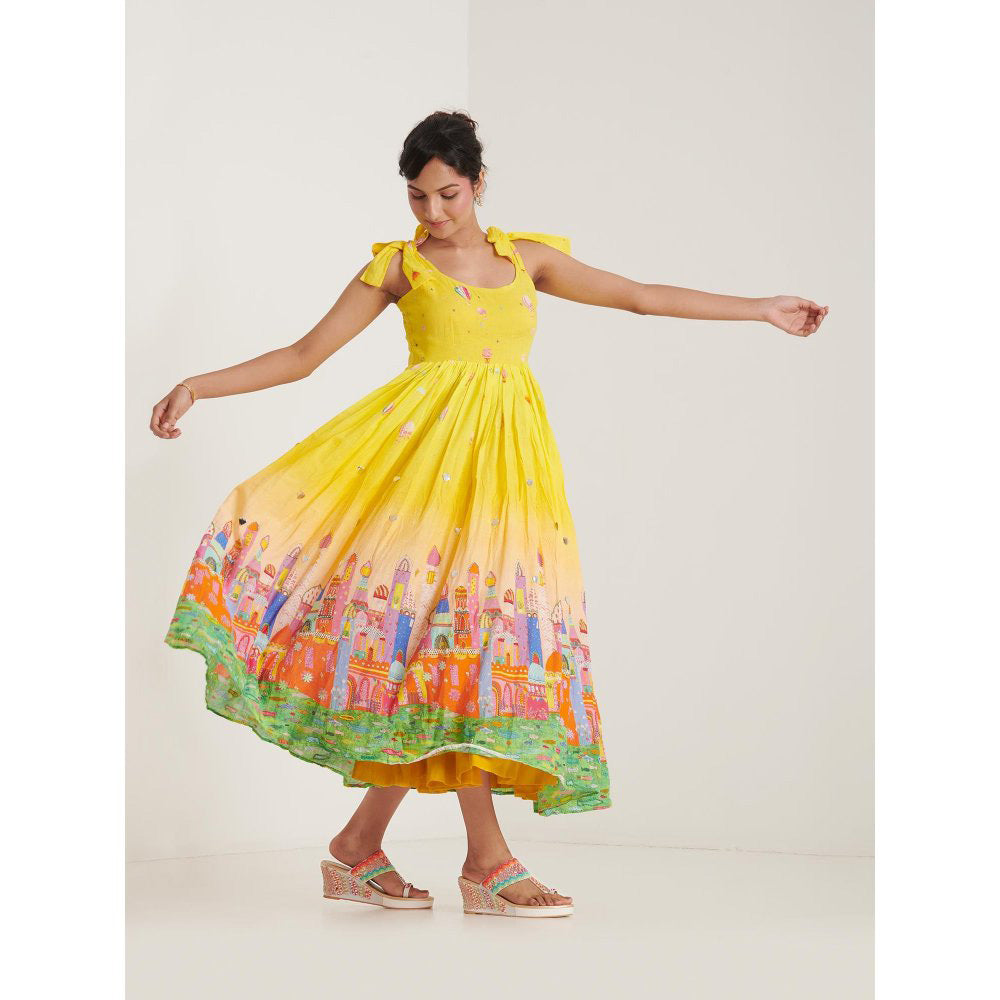 Blushing Couture by Shafali Yellow Printed Maxi Dress