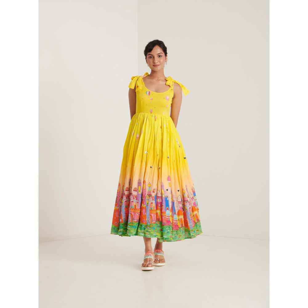Blushing Couture by Shafali Yellow Printed Maxi Dress