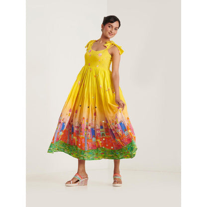 Blushing Couture by Shafali Yellow Printed Maxi Dress