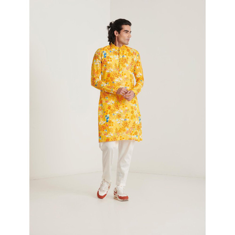Blushing Couture by Shafali Mustard Floral Printed Kurta with Pyjama (Set of 2)