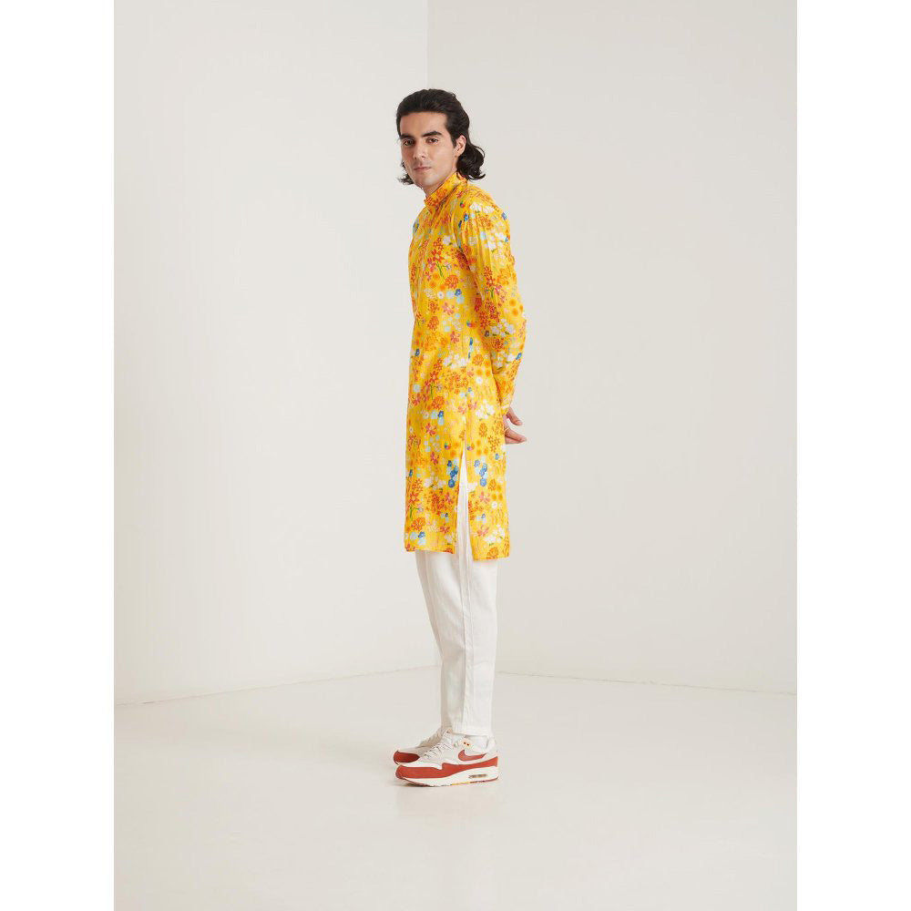 Blushing Couture by Shafali Mustard Floral Printed Kurta with Pyjama (Set of 2)