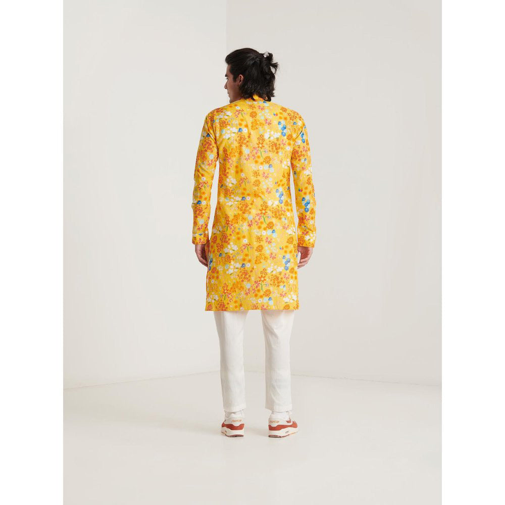 Blushing Couture by Shafali Mustard Floral Printed Kurta with Pyjama (Set of 2)