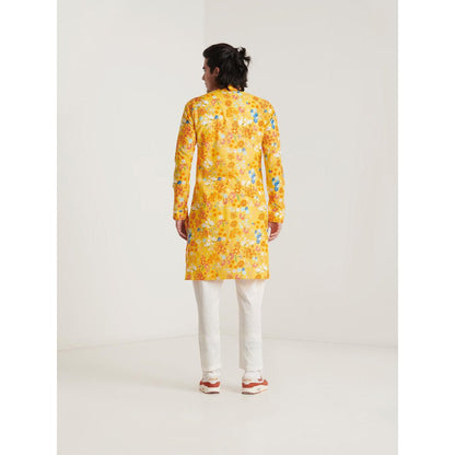 Blushing Couture by Shafali Mustard Floral Printed Kurta with Pyjama (Set of 2)