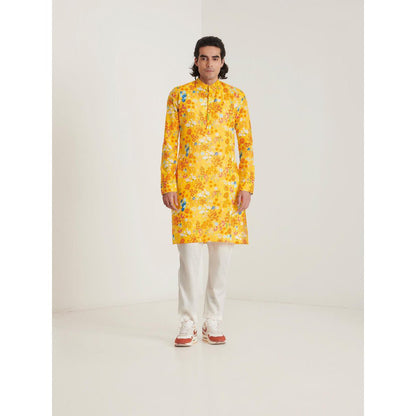 Blushing Couture by Shafali Mustard Floral Printed Kurta with Pyjama (Set of 2)