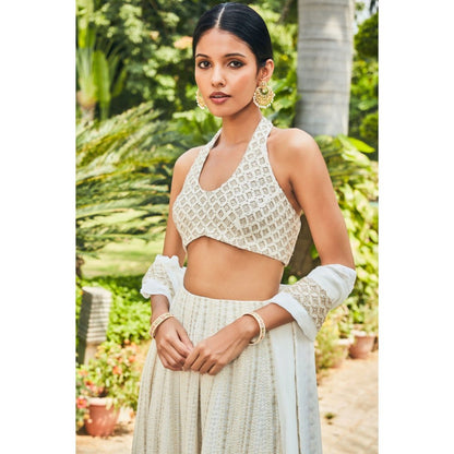 Bohame Kaeya Off White Embroidered Chikankari Blouse with Lehenga & Dupatta (Set of 3)