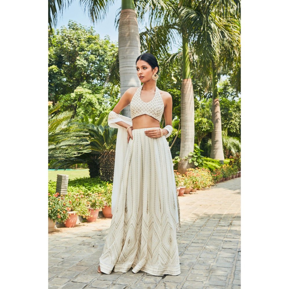 Bohame Kaeya Off White Embroidered Chikankari Blouse with Lehenga & Dupatta (Set of 3)