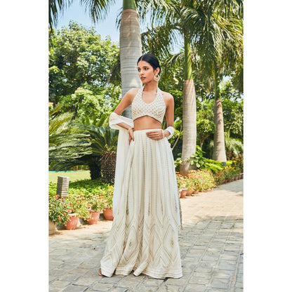 Bohame Kaeya Off White Embroidered Chikankari Blouse with Lehenga & Dupatta (Set of 3)