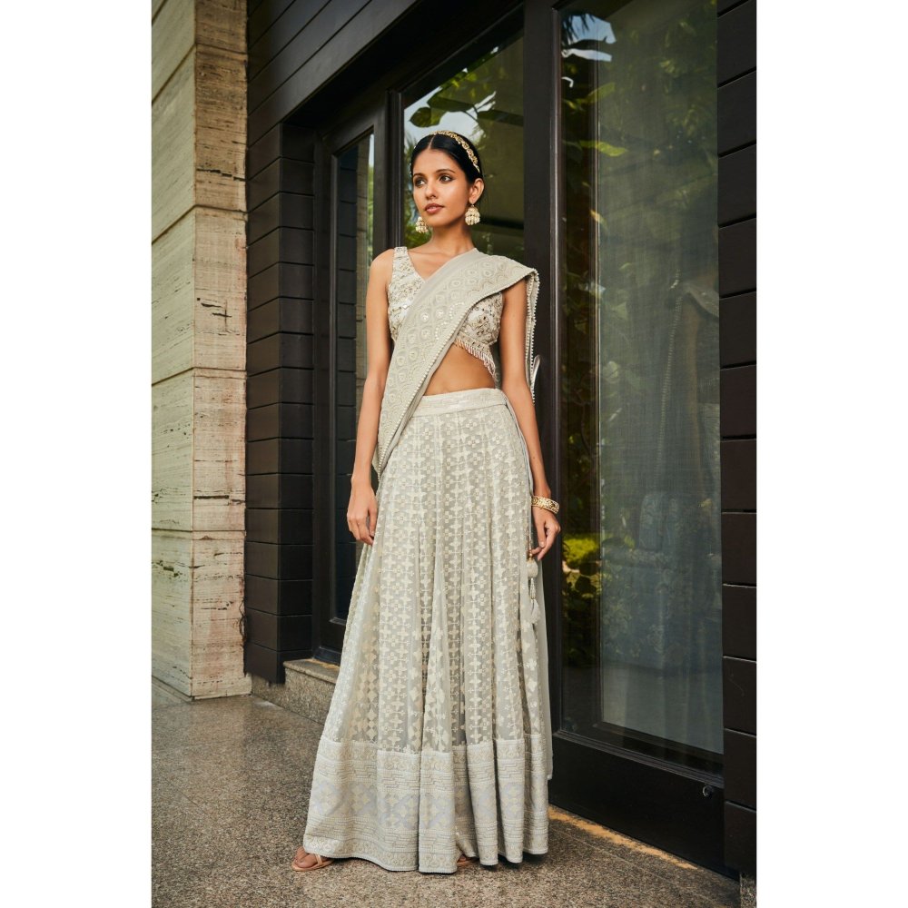 Bohame Alisa Light Grey Embroidered Chikankari Blouse with Lehenga & Dupatta (Set of 3)