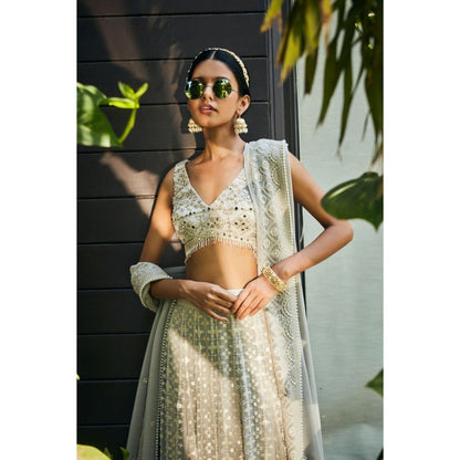 Bohame Alisa Light Grey Embroidered Chikankari Blouse with Lehenga & Dupatta (Set of 3)