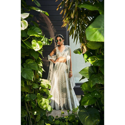 Bohame Alisa Light Grey Embroidered Chikankari Blouse with Lehenga & Dupatta (Set of 3)