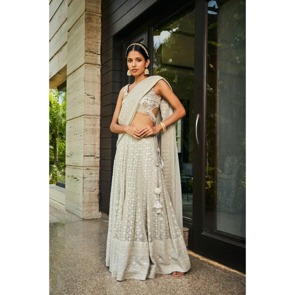 Bohame Alisa Light Grey Embroidered Chikankari Blouse with Lehenga & Dupatta (Set of 3)