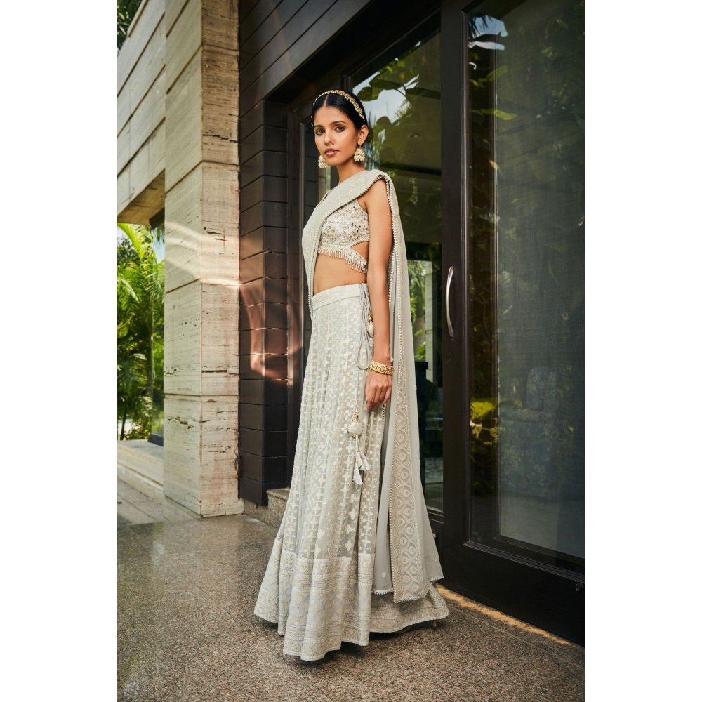 Bohame Alisa Light Grey Embroidered Chikankari Blouse with Lehenga & Dupatta (Set of 3)