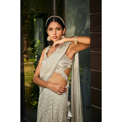 Bohame Alisa Light Grey Embroidered Chikankari Blouse with Lehenga & Dupatta (Set of 3)