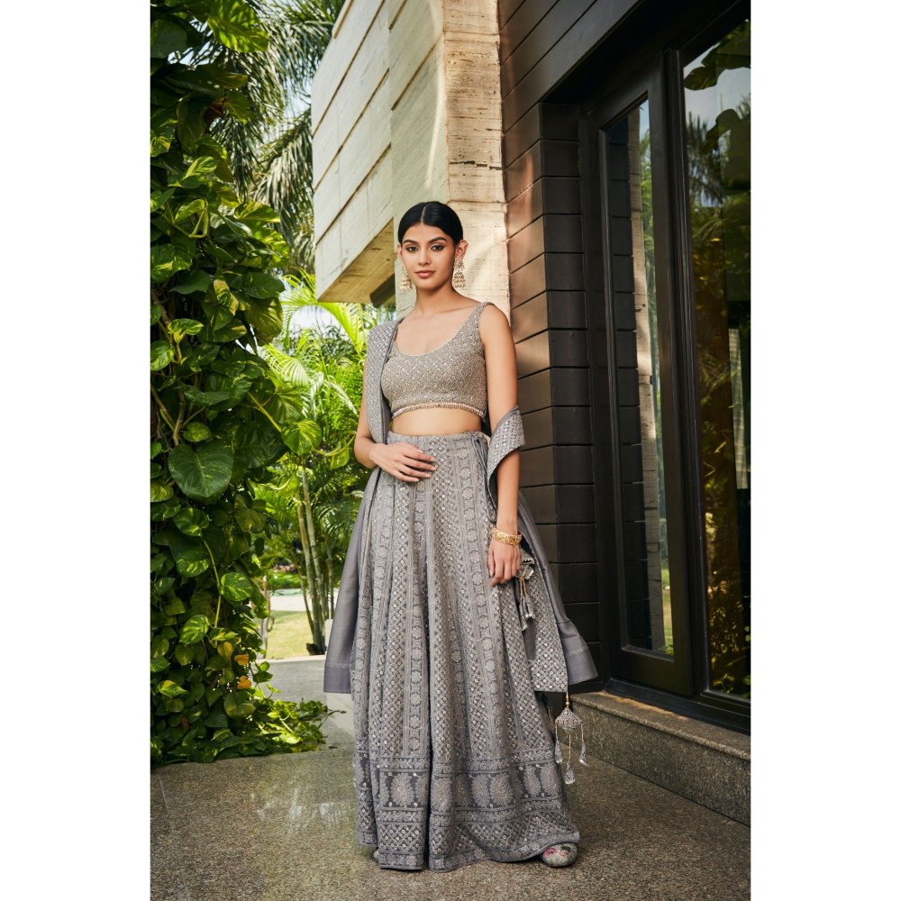 Bohame Eka Dark Grey Chikankari Embroidered Blouse with Lehenga & Dupatta (Set of 3)