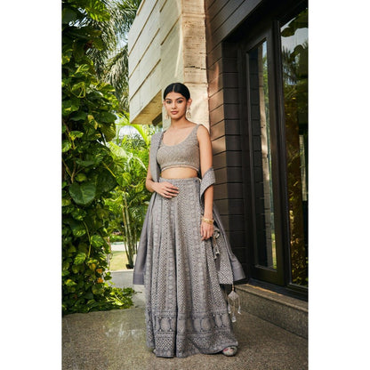 Bohame Eka Dark Grey Chikankari Embroidered Blouse with Lehenga & Dupatta (Set of 3)