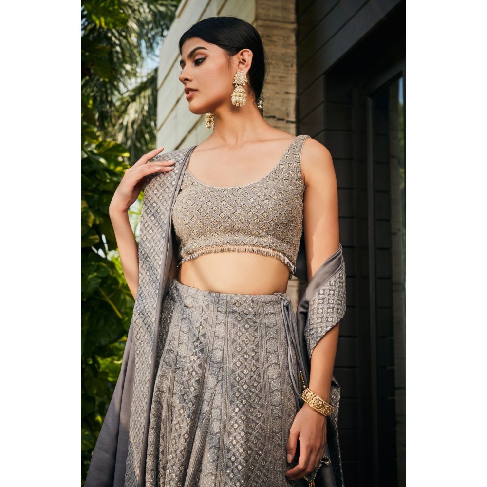 Bohame Eka Dark Grey Chikankari Embroidered Blouse with Lehenga & Dupatta (Set of 3)