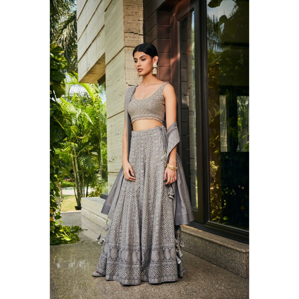 Bohame Eka Dark Grey Chikankari Embroidered Blouse with Lehenga & Dupatta (Set of 3)