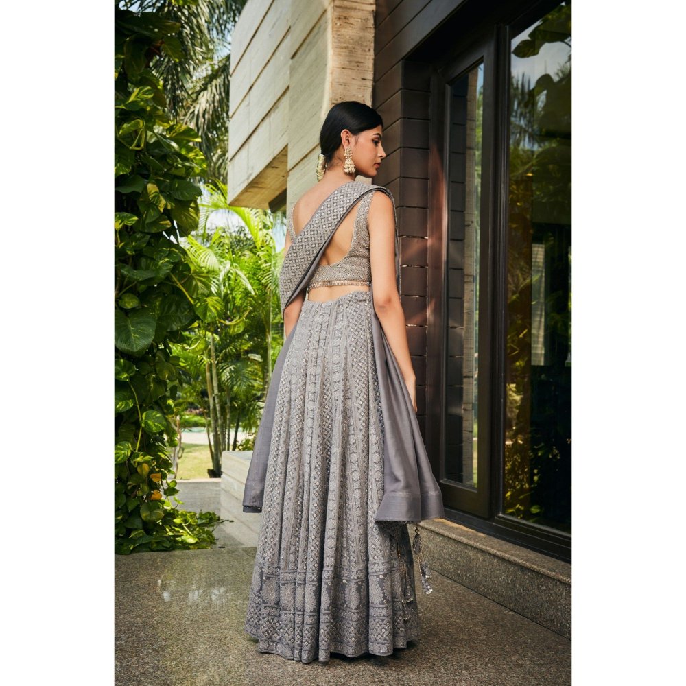 Bohame Eka Dark Grey Chikankari Embroidered Blouse with Lehenga & Dupatta (Set of 3)