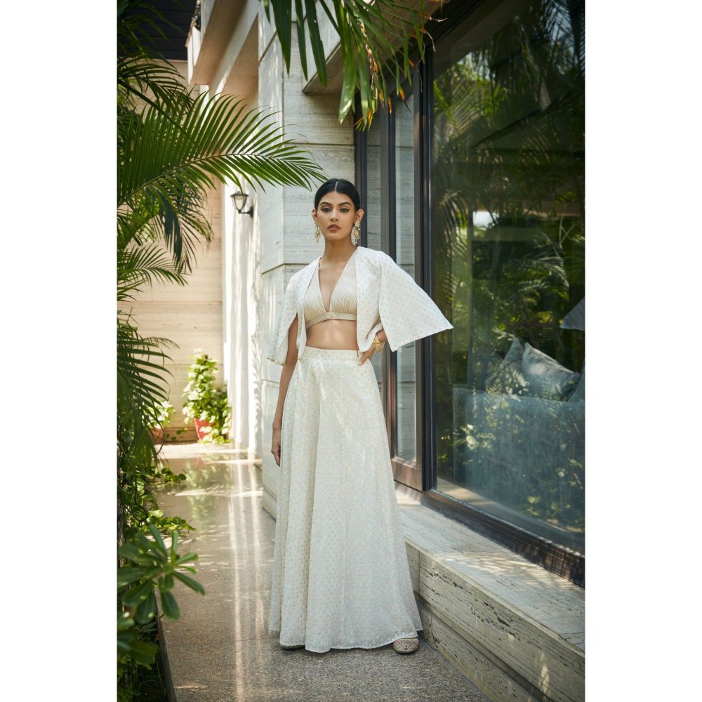 Bohame Beryl Off White Embroidered Blouse with Lehenga & Cape (Set of 3)
