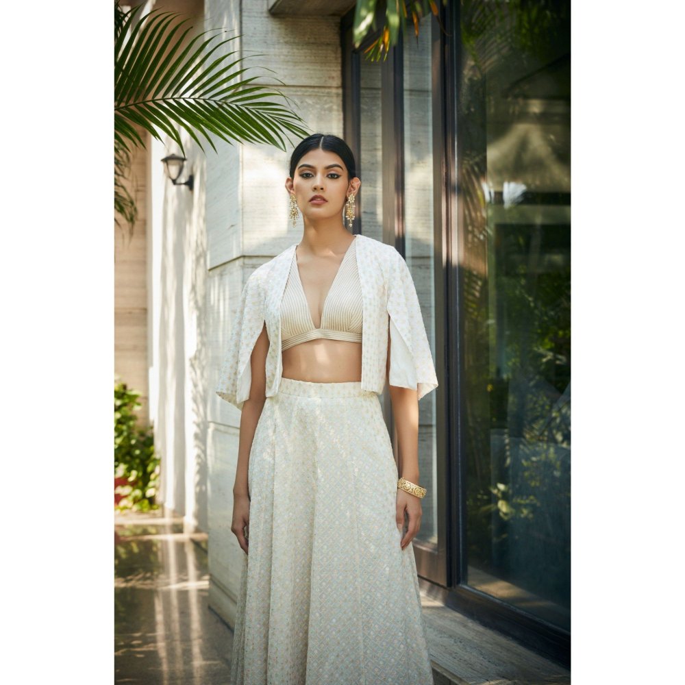 Bohame Beryl Off White Embroidered Blouse with Lehenga & Cape (Set of 3)