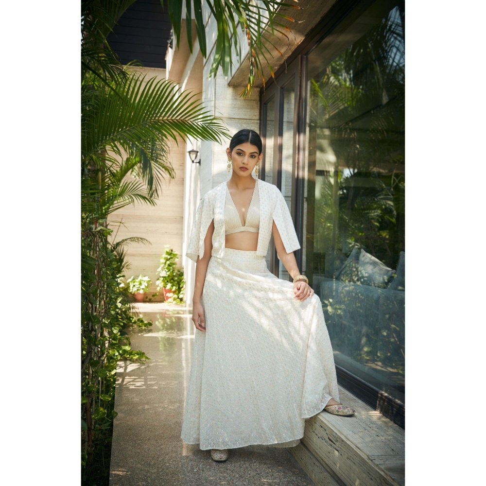 Bohame Beryl Off White Embroidered Blouse with Lehenga & Cape (Set of 3)