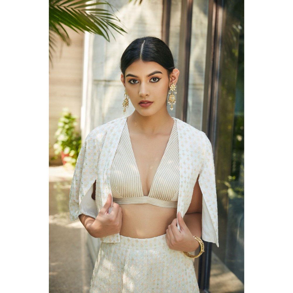 Bohame Beryl Off White Embroidered Blouse with Lehenga & Cape (Set of 3)