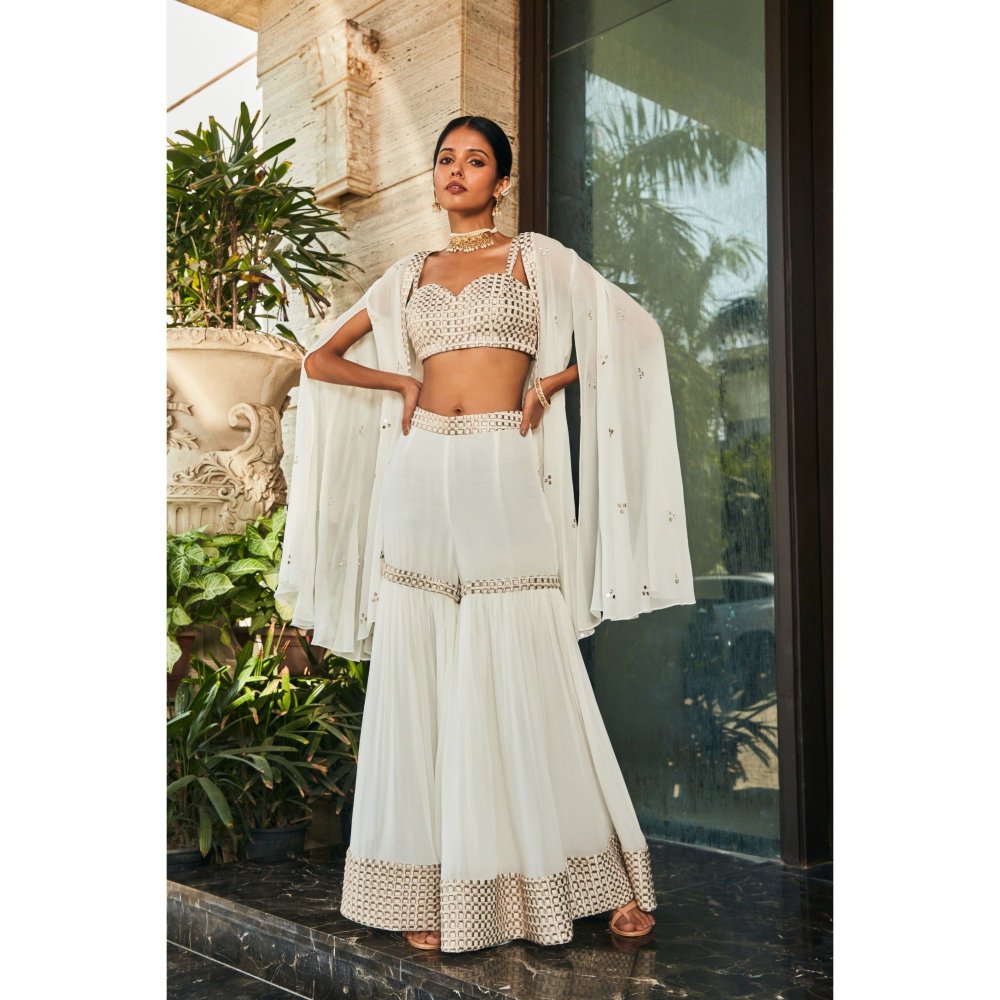 Bohame Karvi Off White Embroidered Blouse with Sharara & Cape (Set of 3)