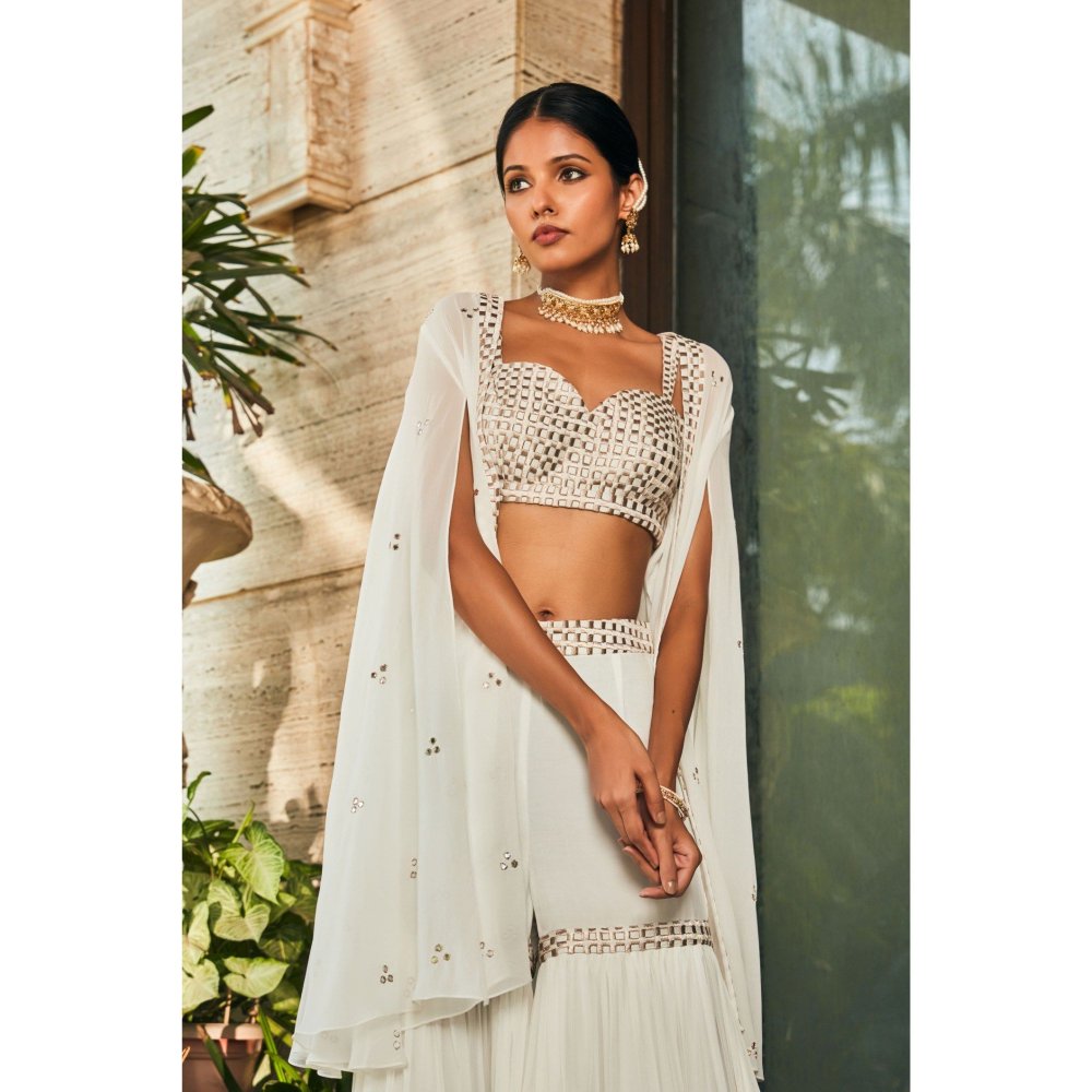 Bohame Karvi Off White Embroidered Blouse with Sharara & Cape (Set of 3)