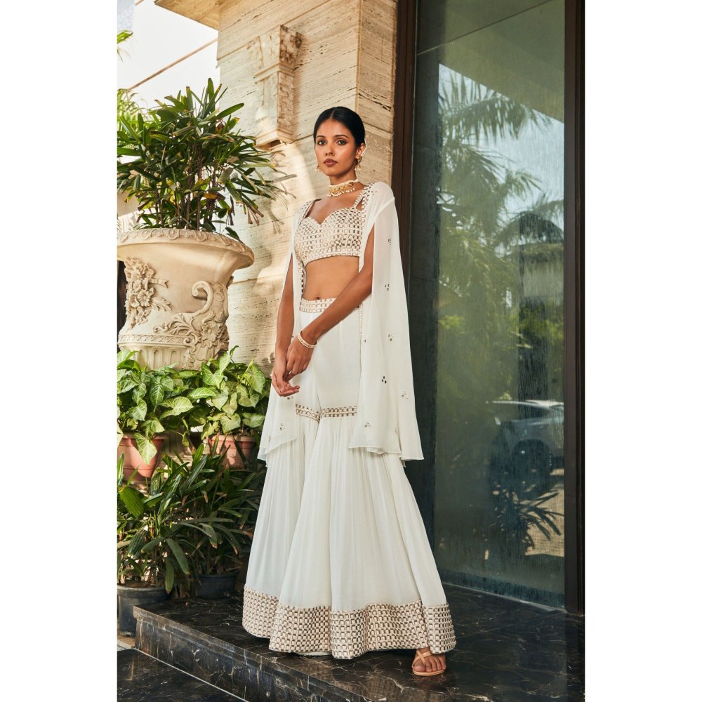 Bohame Karvi Off White Embroidered Blouse with Sharara & Cape (Set of 3)