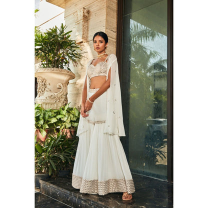 Bohame Karvi Off White Embroidered Blouse with Sharara & Cape (Set of 3)