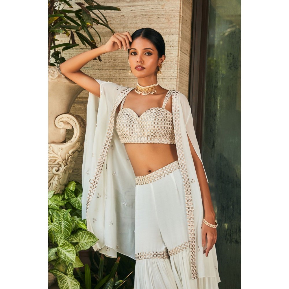 Bohame Karvi Off White Embroidered Blouse with Sharara & Cape (Set of 3)