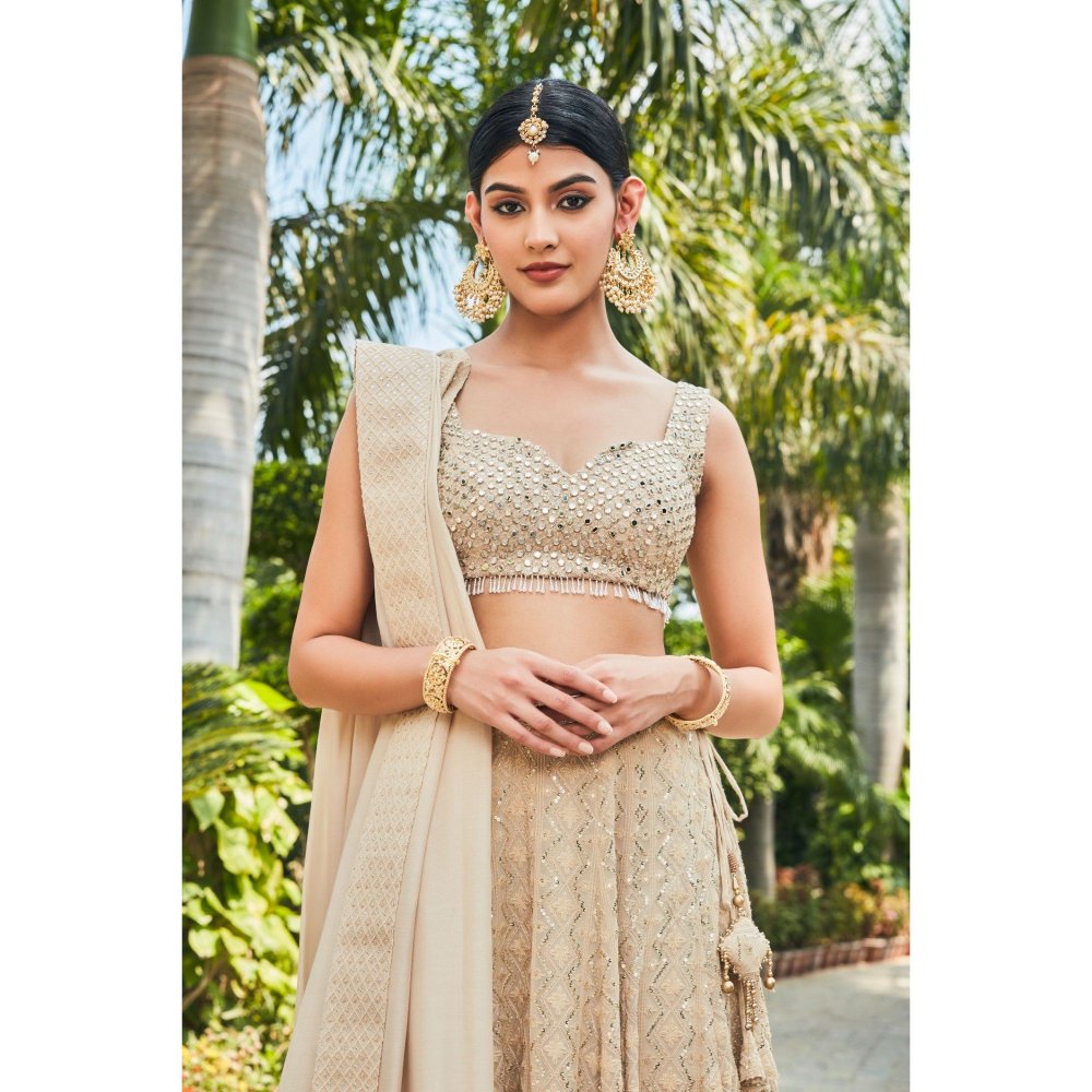 Bohame Myra Beige Embroidered Chikankari Blouse with Lehenga & Dupatta (Set of 3)